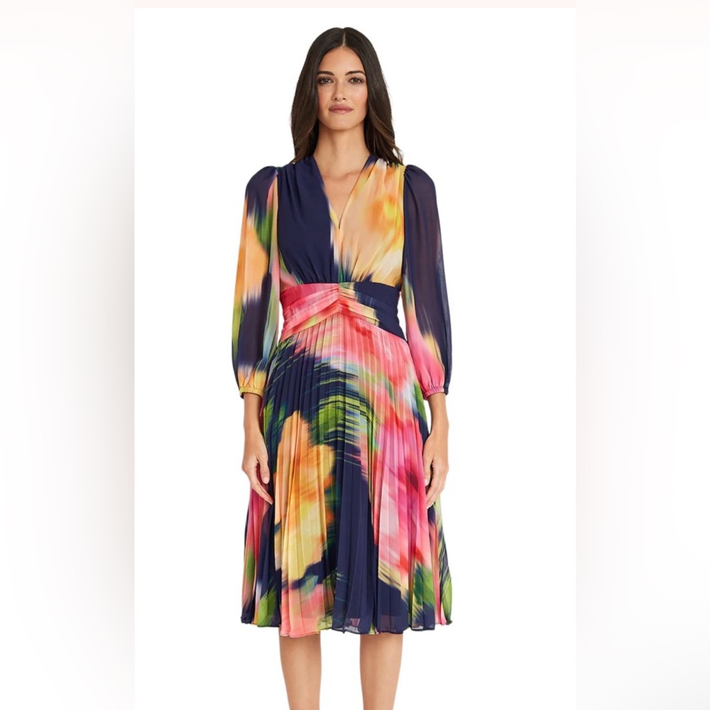 Maggy London Womens Dress Frankie Floral V-Neck Empire A-Line Pleated Sz 10 $168